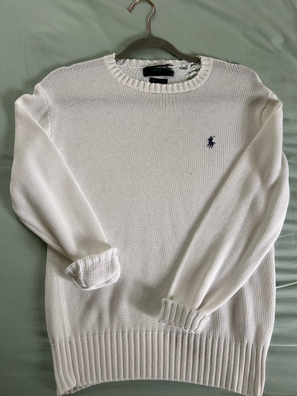 Ralph Lauren White Crewneck Cotton Knit Sweater with Navy Pony